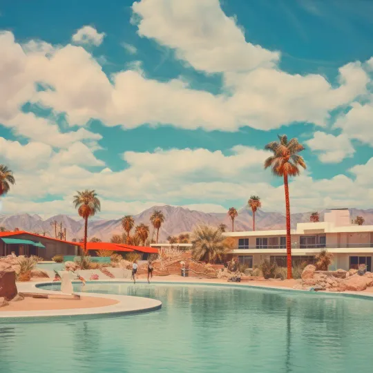 Complexe hôtelier avec une piscine paradisiaque et des palmiers dans un décor désertique