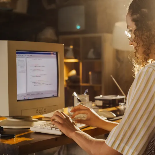 Jeune femme utilisant un vieil ordinateur dans les années 70