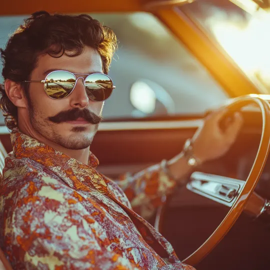 Homme moustachu avec des lunettes de soleil conduisant une voiture dans un style année 70