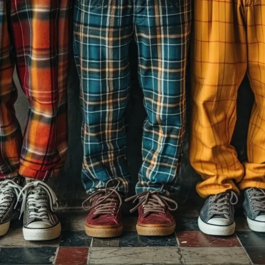3 pantalons à carreaux colorés avec baskets rétro