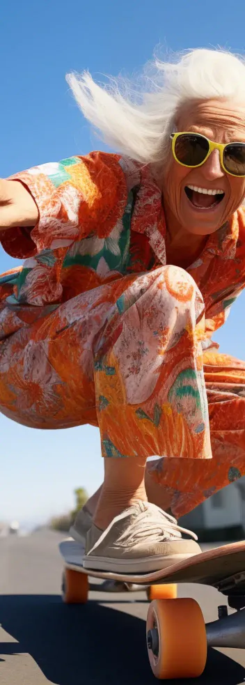 Personne âgée avec des lunettes de soleil jaune et un grand sourire sur un skateboard dans des habits flashy