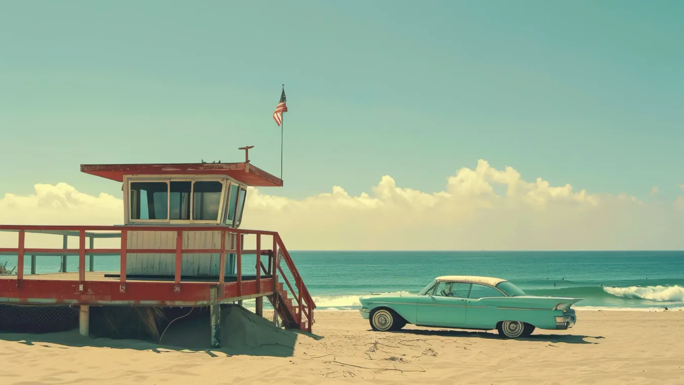 Voiture retro bleu ciel sur une plage devant un poste de secours américain